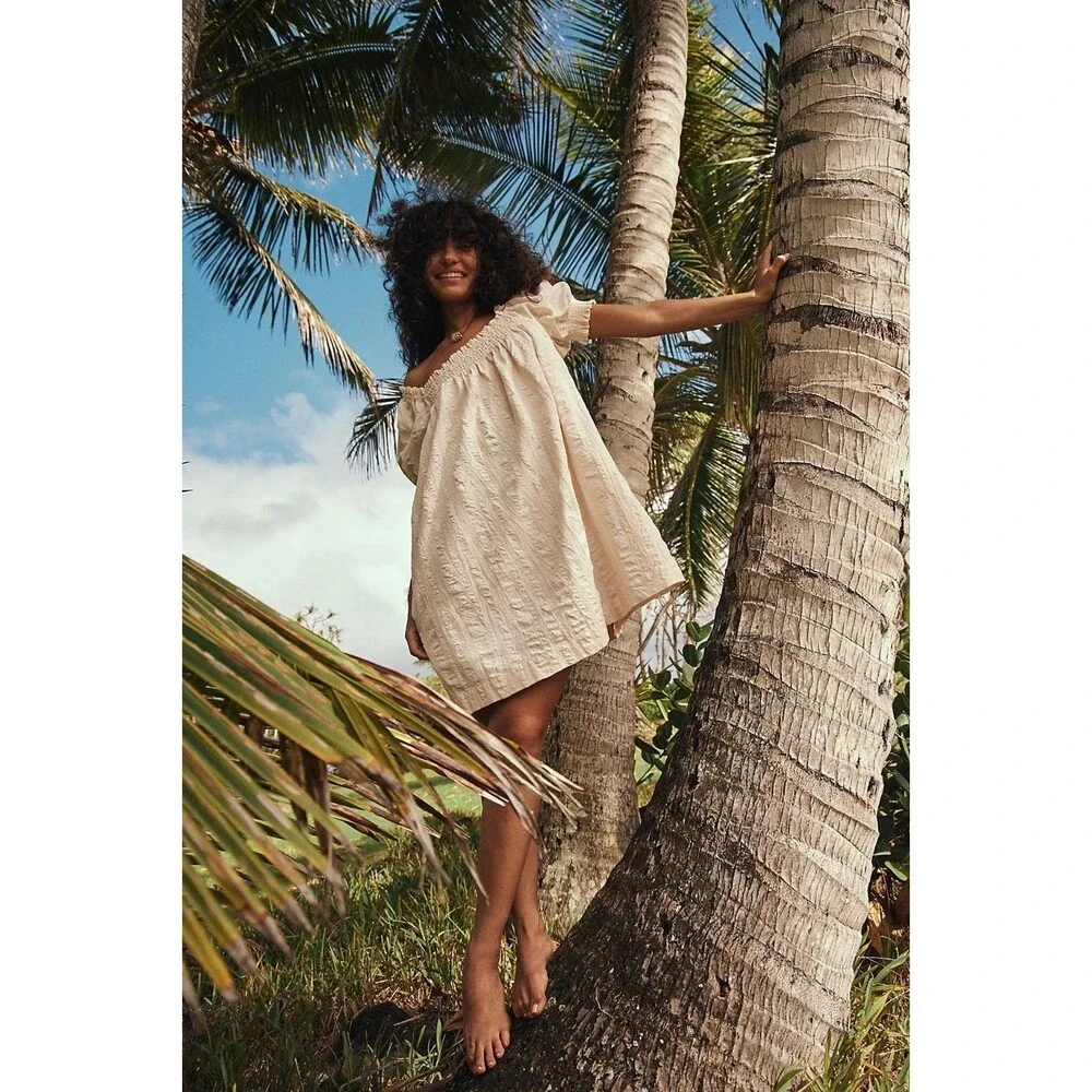 Free People Free Est Mila Mini Dress Smocked Puff Sleeves Striped XS 287944